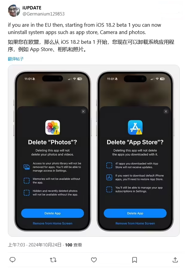 北屯苹果手机维修分享iOS 18.2 支持删除 App Store 应用商店 