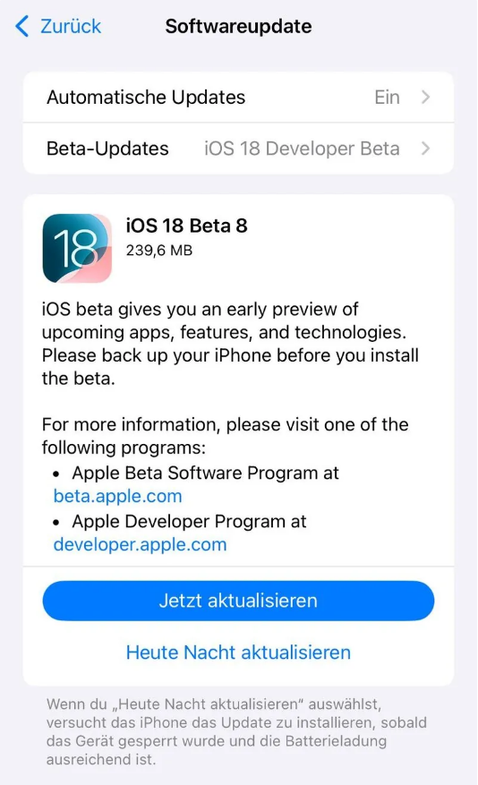 北屯苹果手机维修分享苹果 iOS / iPadOS 18 开发者预览版 Beta 8 发布 